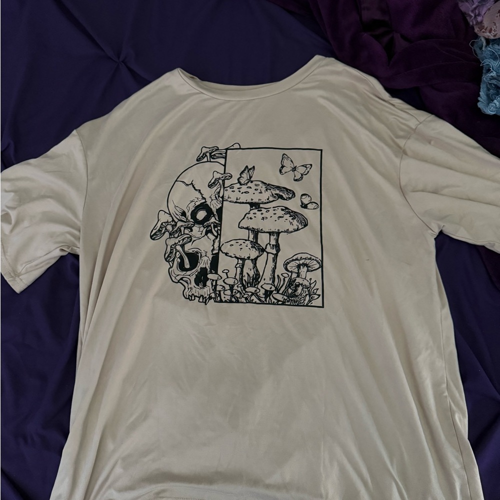 SHEIN Cream Graphic Tee with Skull and Mushroom Design